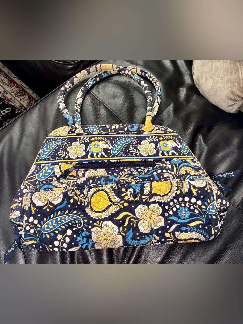 Vera Bradley Quilted Handbag With Elephant Paisley Pattern In Navy Yellow & Blue